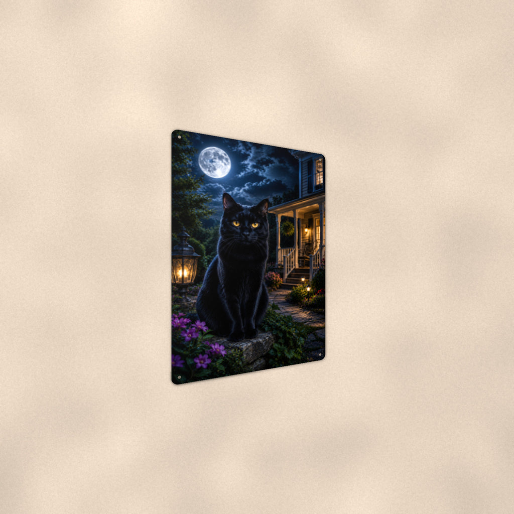 Black Cat Full Moon Porch aluminum metal sign 8" x 12" - angled wall view from a wider angle