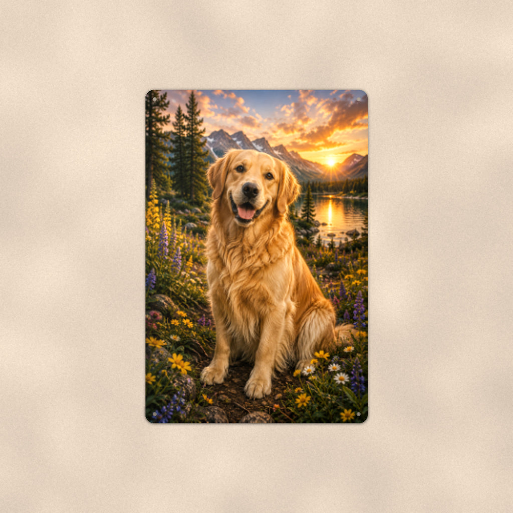 Golden Retriever Mountain Sunset aluminum metal sign 8" x 12" - front view on warm wall