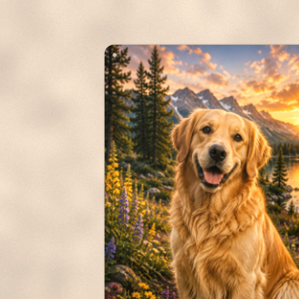 Golden Retriever Mountain Sunset aluminum metal sign 8" x 12" - close-up view of the printed artwork