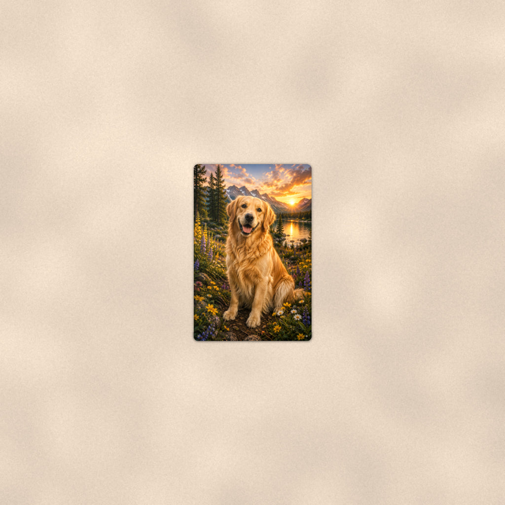 Golden Retriever Mountain Sunset aluminum metal sign 8" x 12" - room view on warm wall