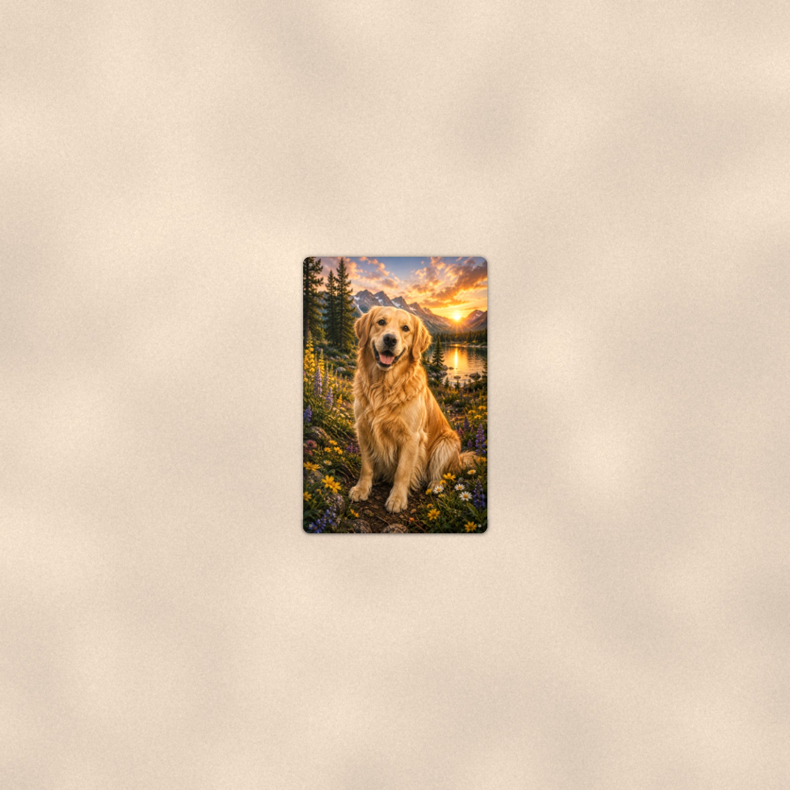 Golden Retriever Mountain Sunset aluminum metal sign 8" x 12" - room view on warm wall