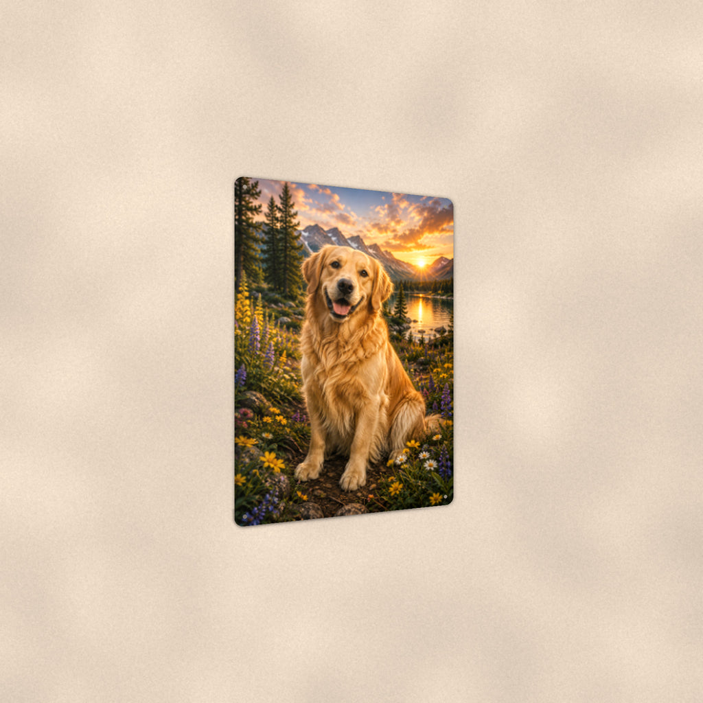 Golden Retriever Mountain Sunset aluminum metal sign 8" x 12" - angled view showing glossy finish