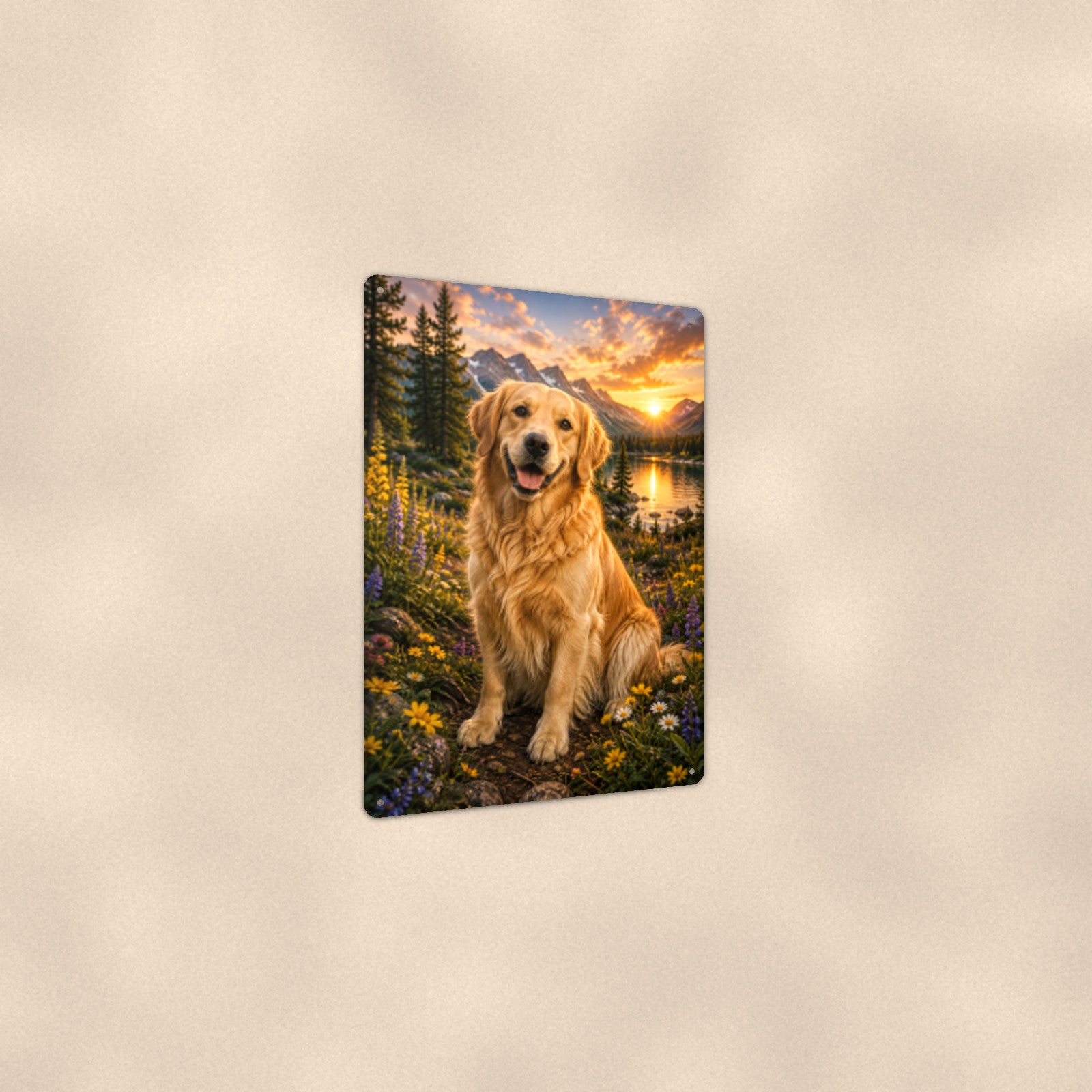 Golden Retriever Mountain Sunset aluminum metal sign 8" x 12" - angled view showing glossy finish