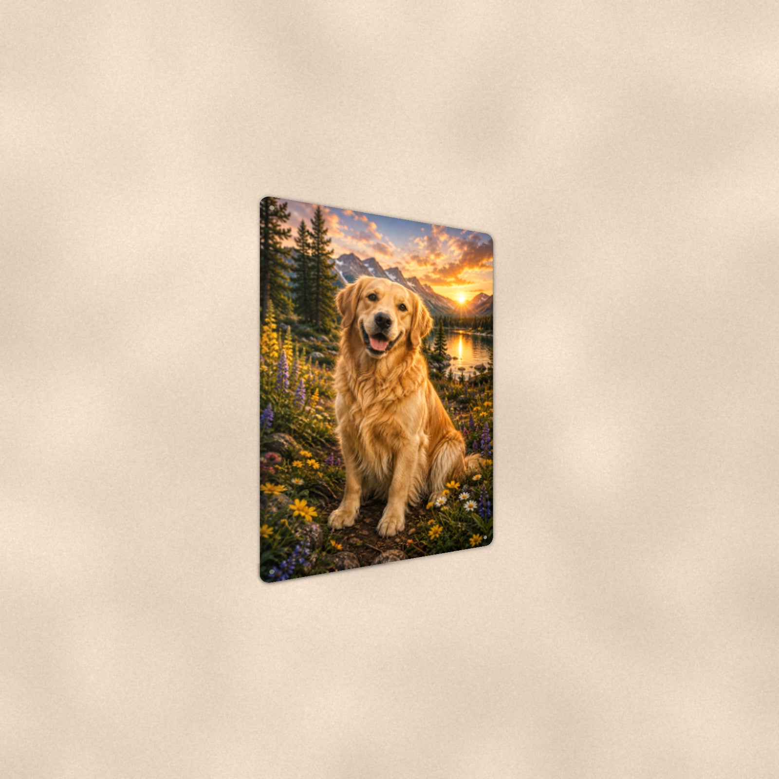 Golden Retriever Mountain Sunset aluminum metal sign 8" x 12" - angled wall view from a wider angle