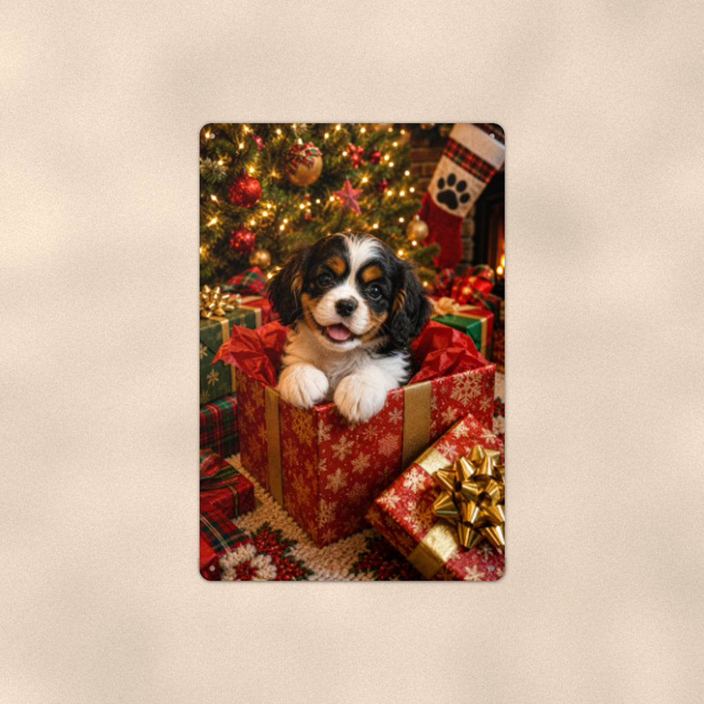 Christmas Puppy in the Gift Box aluminum metal sign 8" x 12" - front view on warm wall