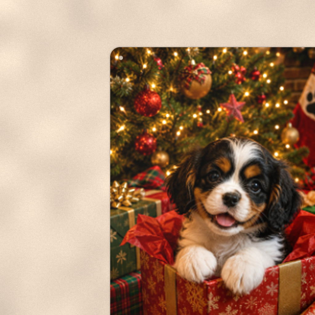 Christmas Puppy in the Gift Box aluminum metal sign 8" x 12" - close-up view of the printed artwork