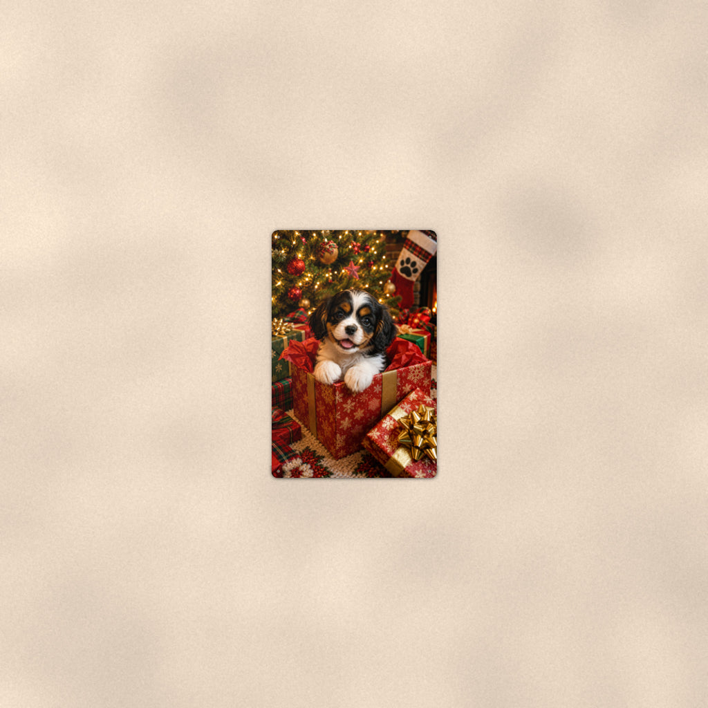 Christmas Puppy in the Gift Box aluminum metal sign 8" x 12" - room view on warm wall
