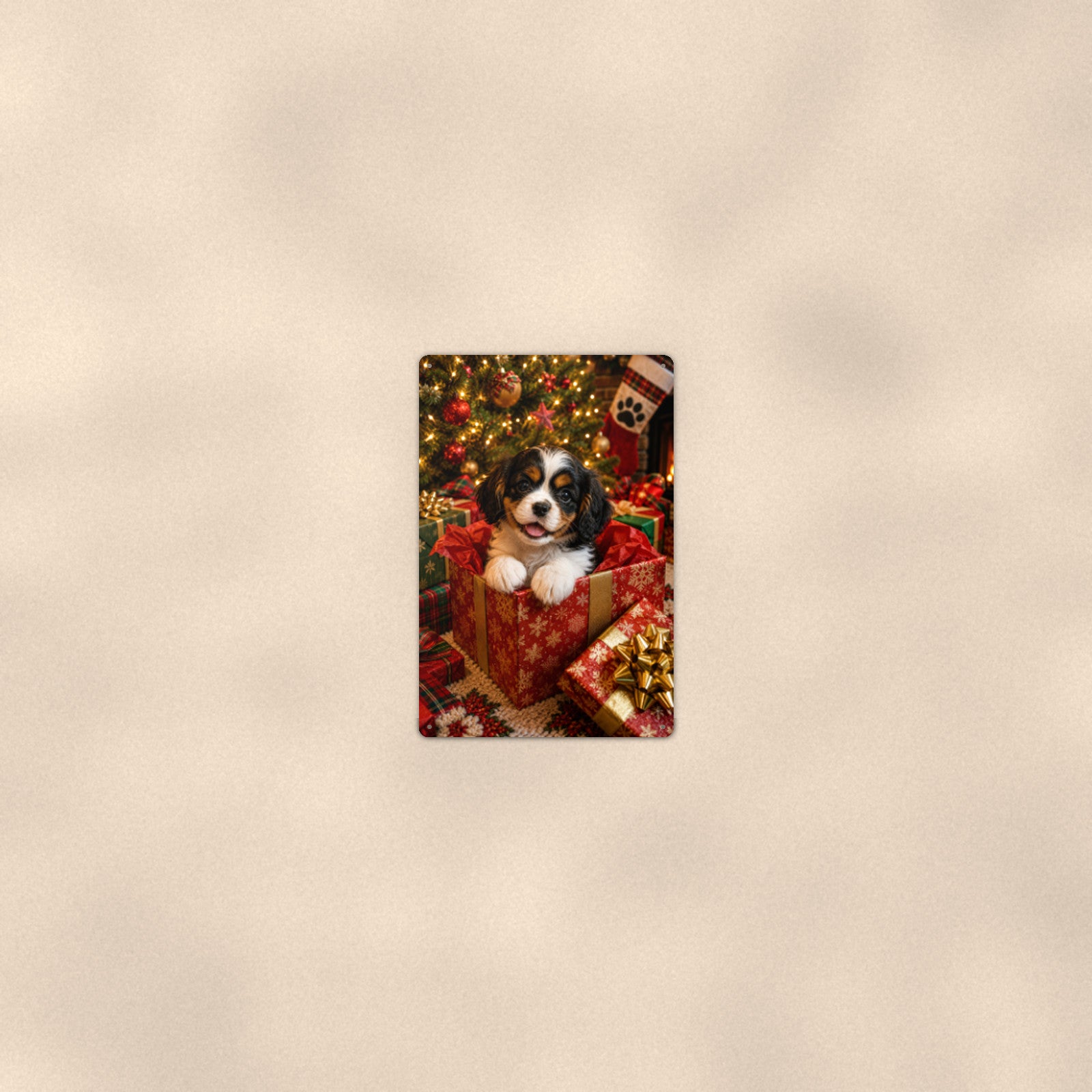 Christmas Puppy in the Gift Box aluminum metal sign 8" x 12" - room view on warm wall