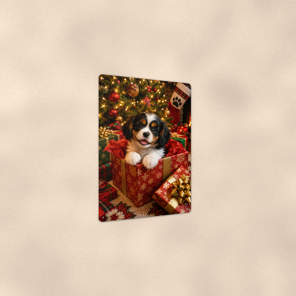 Christmas Puppy in the Gift Box aluminum metal sign 8" x 12" - angled view showing glossy finish