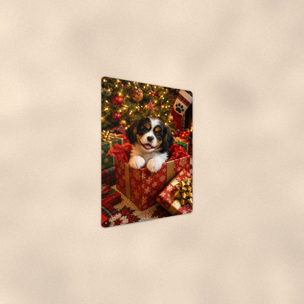 Christmas Puppy in the Gift Box aluminum metal sign 8" x 12" - angled wall view from a wider angle