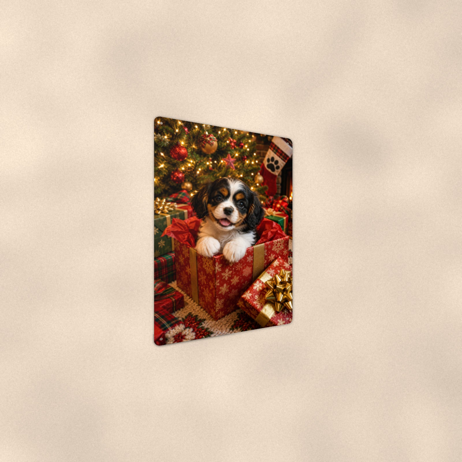 Christmas Puppy in the Gift Box aluminum metal sign 8" x 12" - angled wall view from a wider angle
