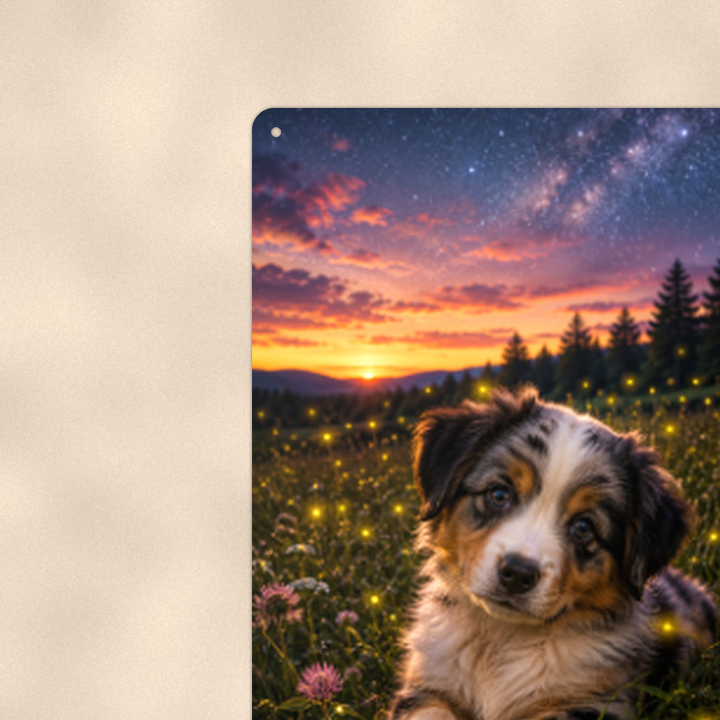Aussie Puppy in the Firefly Meadow aluminum metal sign 8" x 12" - close-up view of the printed artwork