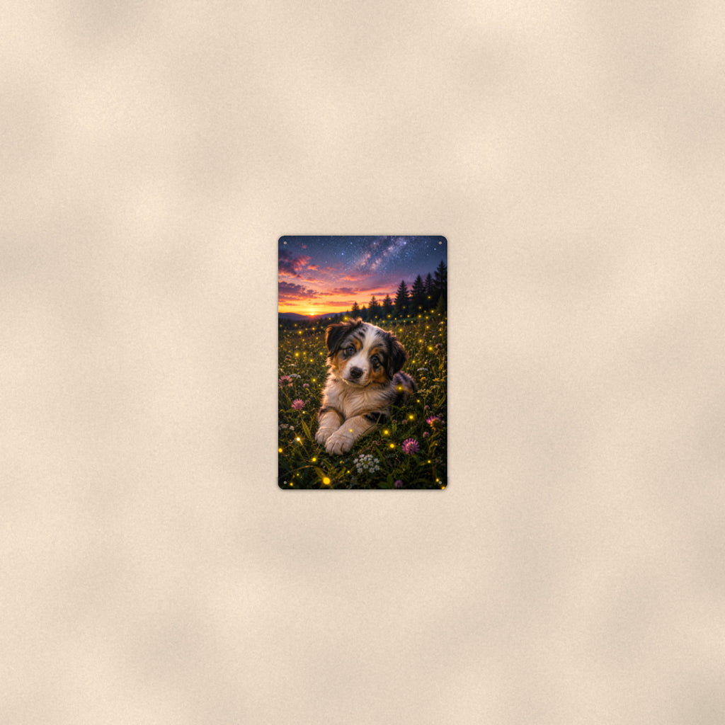 Aussie Puppy in the Firefly Meadow aluminum metal sign 8" x 12" - room view on warm wall