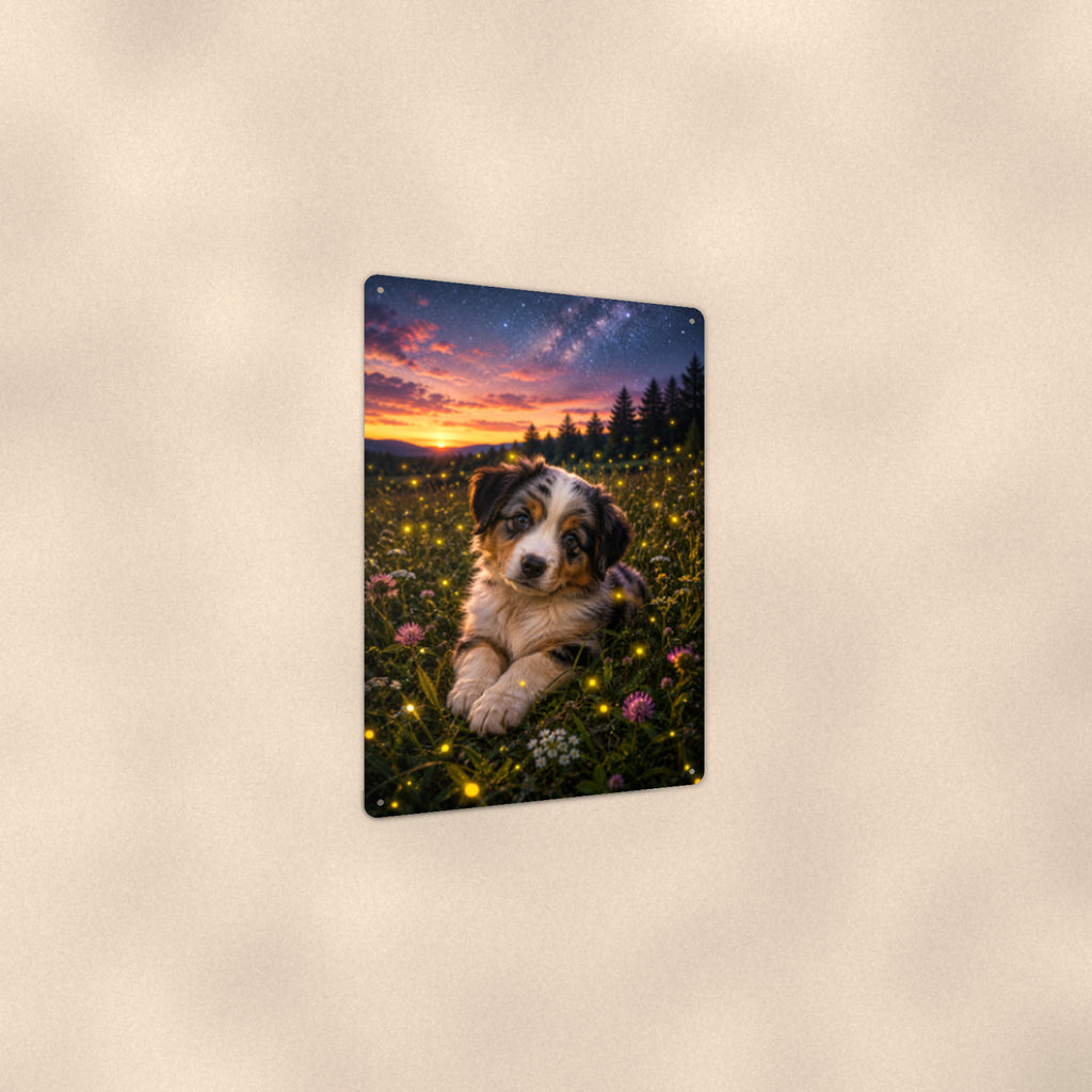 Aussie Puppy in the Firefly Meadow aluminum metal sign 8" x 12" - angled view showing glossy finish