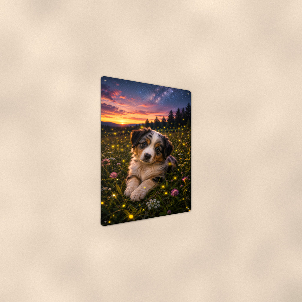 Aussie Puppy in the Firefly Meadow aluminum metal sign 8" x 12" - angled wall view from a wider angle