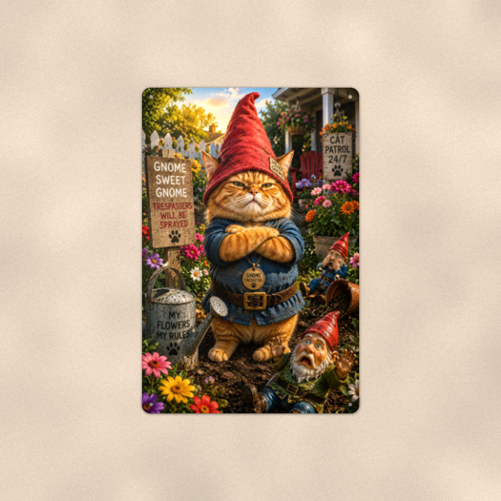Gnome Sweet Gnome Cat aluminum metal sign 8" x 12" - front view on warm wall