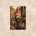 Gnome Sweet Gnome Cat aluminum metal sign 8" x 12" - front view on warm wall