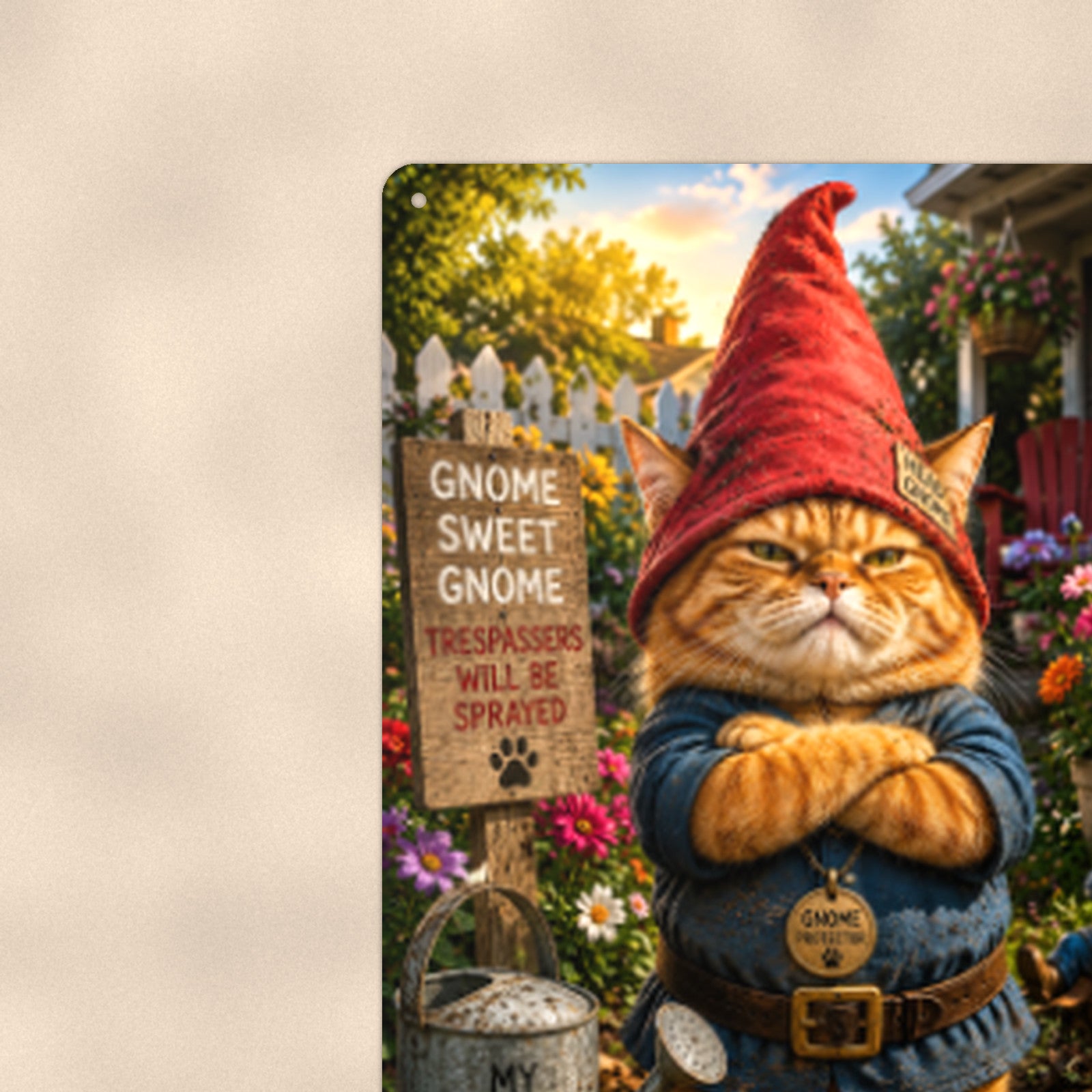 Gnome Sweet Gnome Cat aluminum metal sign 8" x 12" - close-up view of the printed artwork
