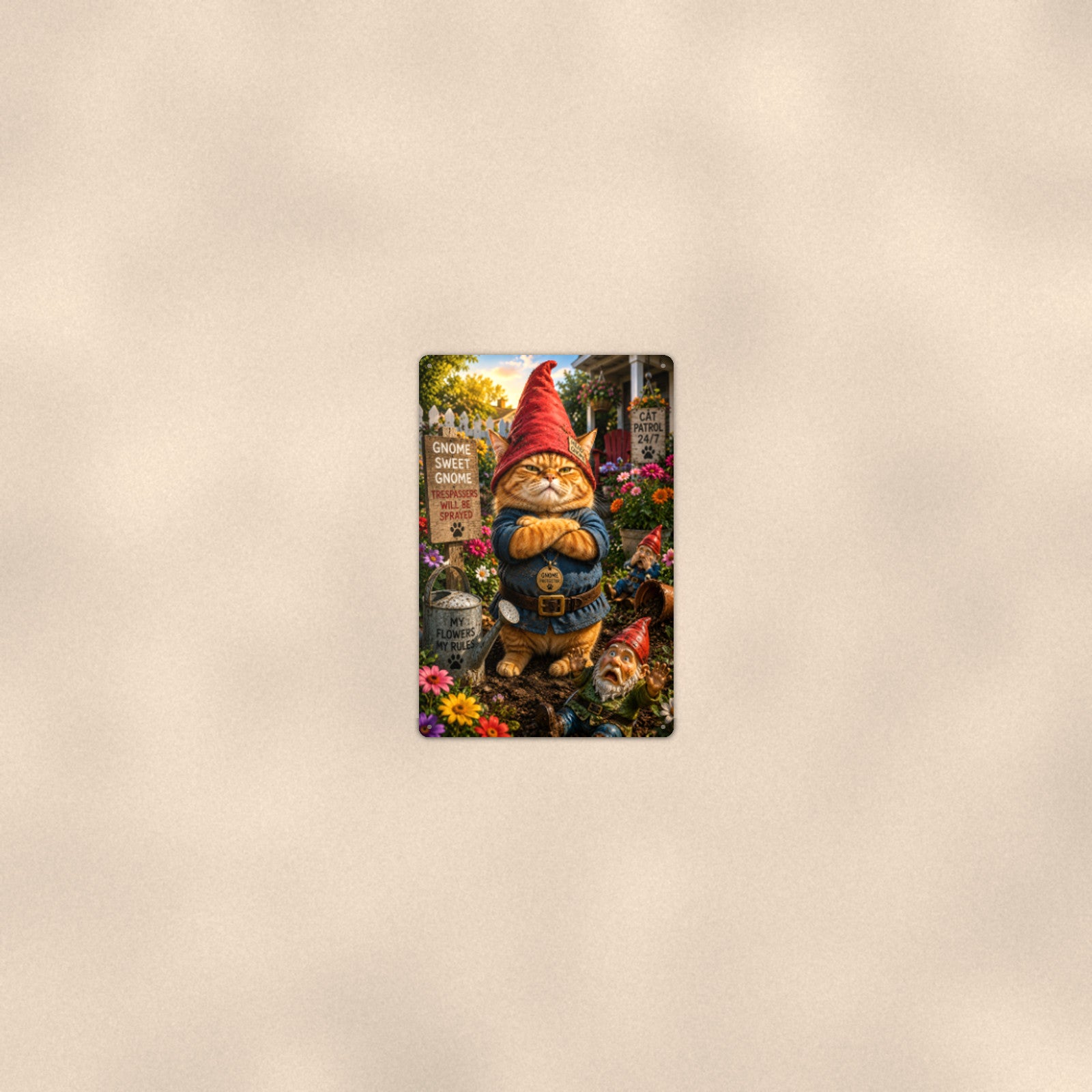Gnome Sweet Gnome Cat aluminum metal sign 8" x 12" - room view on warm wall