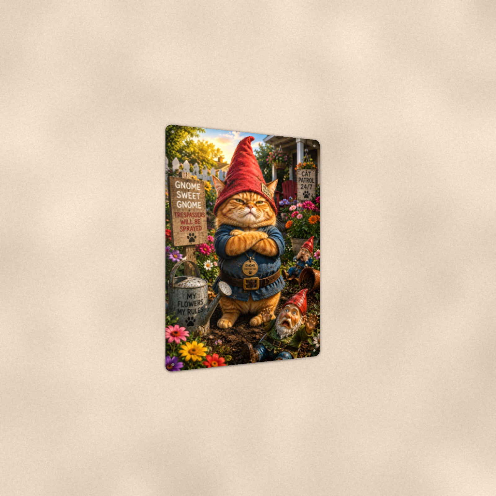 Gnome Sweet Gnome Cat aluminum metal sign 8" x 12" - angled view showing glossy finish