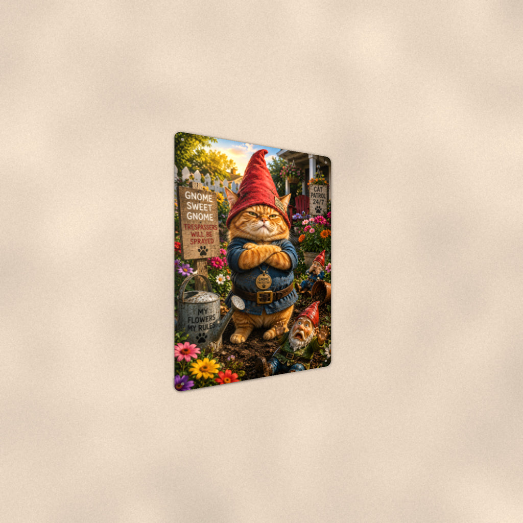 Gnome Sweet Gnome Cat aluminum metal sign 8" x 12" - angled wall view from a wider angle