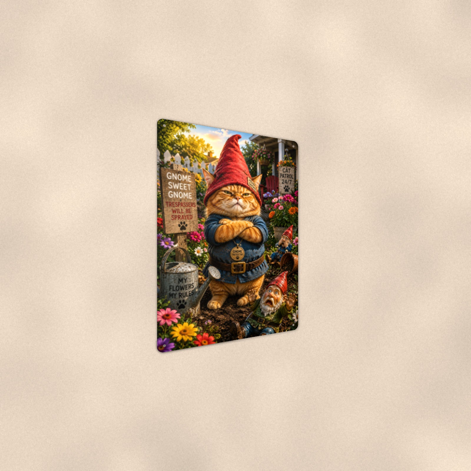 Gnome Sweet Gnome Cat aluminum metal sign 8" x 12" - angled wall view from a wider angle