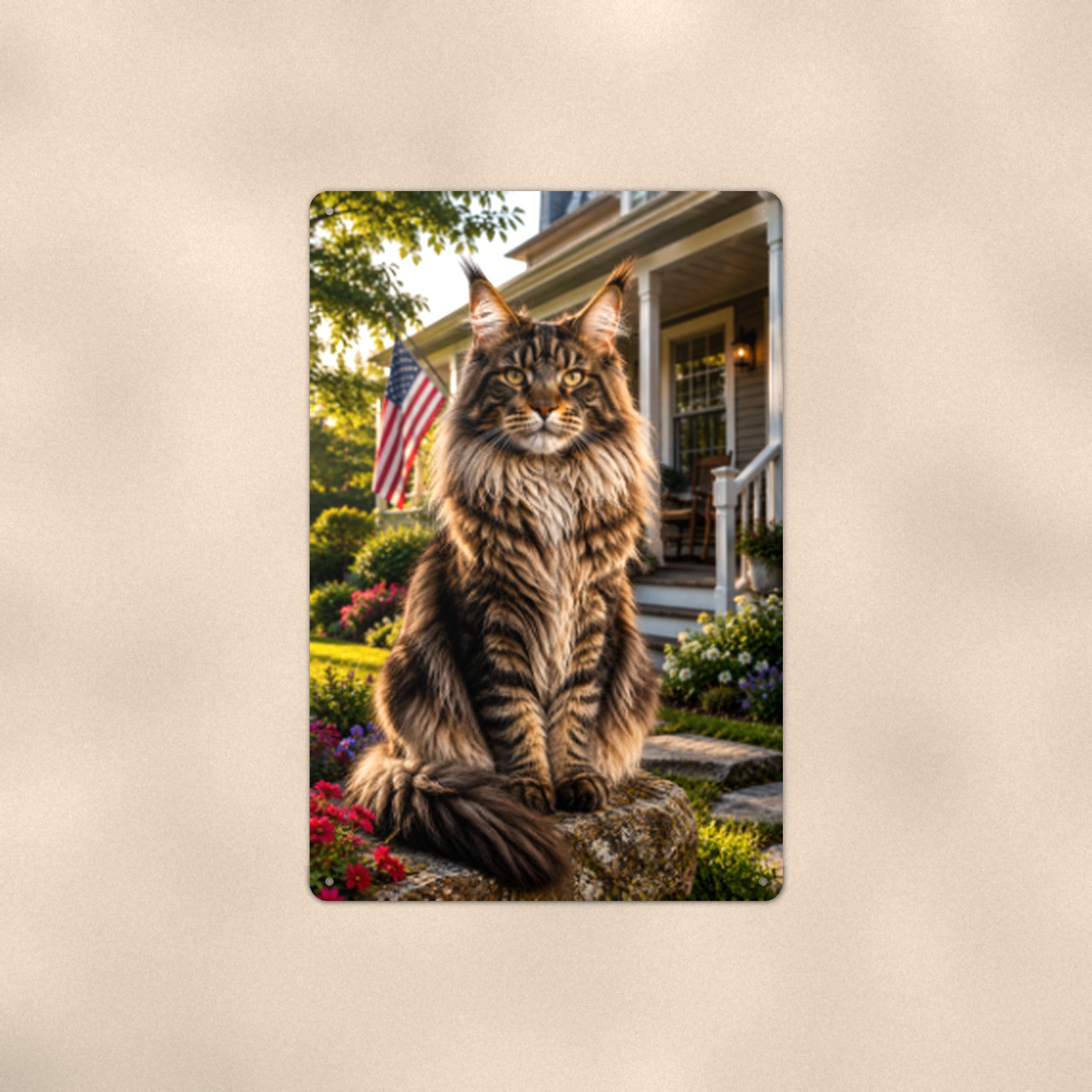 Maine Coon on the Flag Porch aluminum metal sign 8" x 12" - front view on warm wall