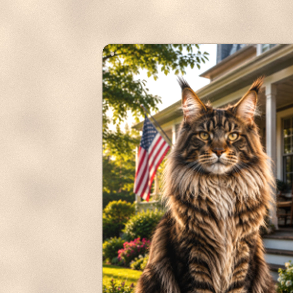 Maine Coon on the Flag Porch aluminum metal sign 8" x 12" - close-up view of the printed artwork