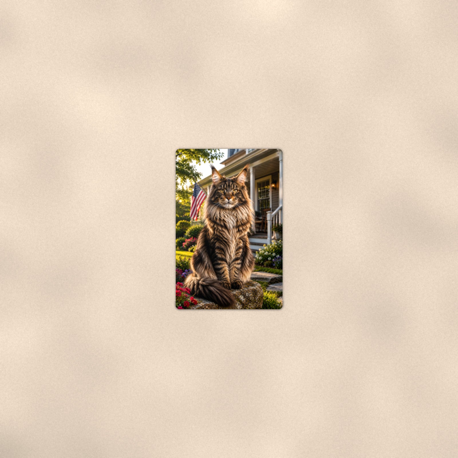 Maine Coon on the Flag Porch aluminum metal sign 8" x 12" - room view on warm wall