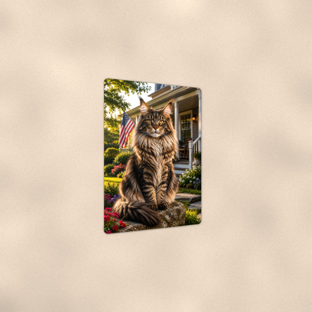 Maine Coon on the Flag Porch aluminum metal sign 8" x 12" - angled view showing glossy finish