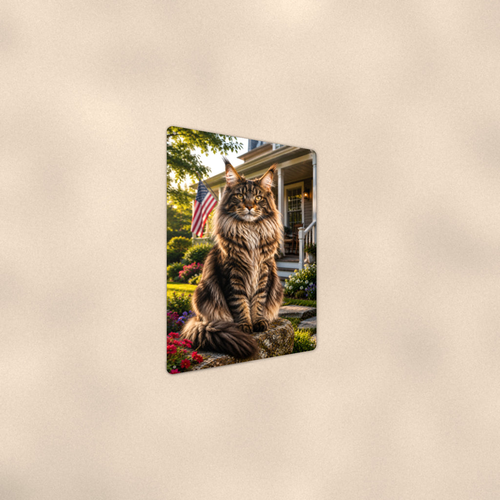 Maine Coon on the Flag Porch aluminum metal sign 8" x 12" - angled wall view from a wider angle