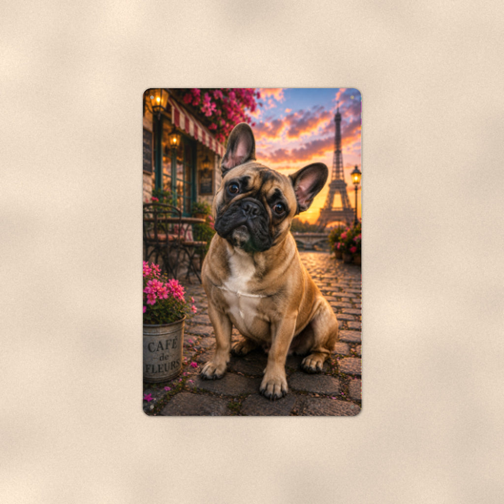 French Bulldog in Paris aluminum metal sign 8" x 12" - front view on warm wall