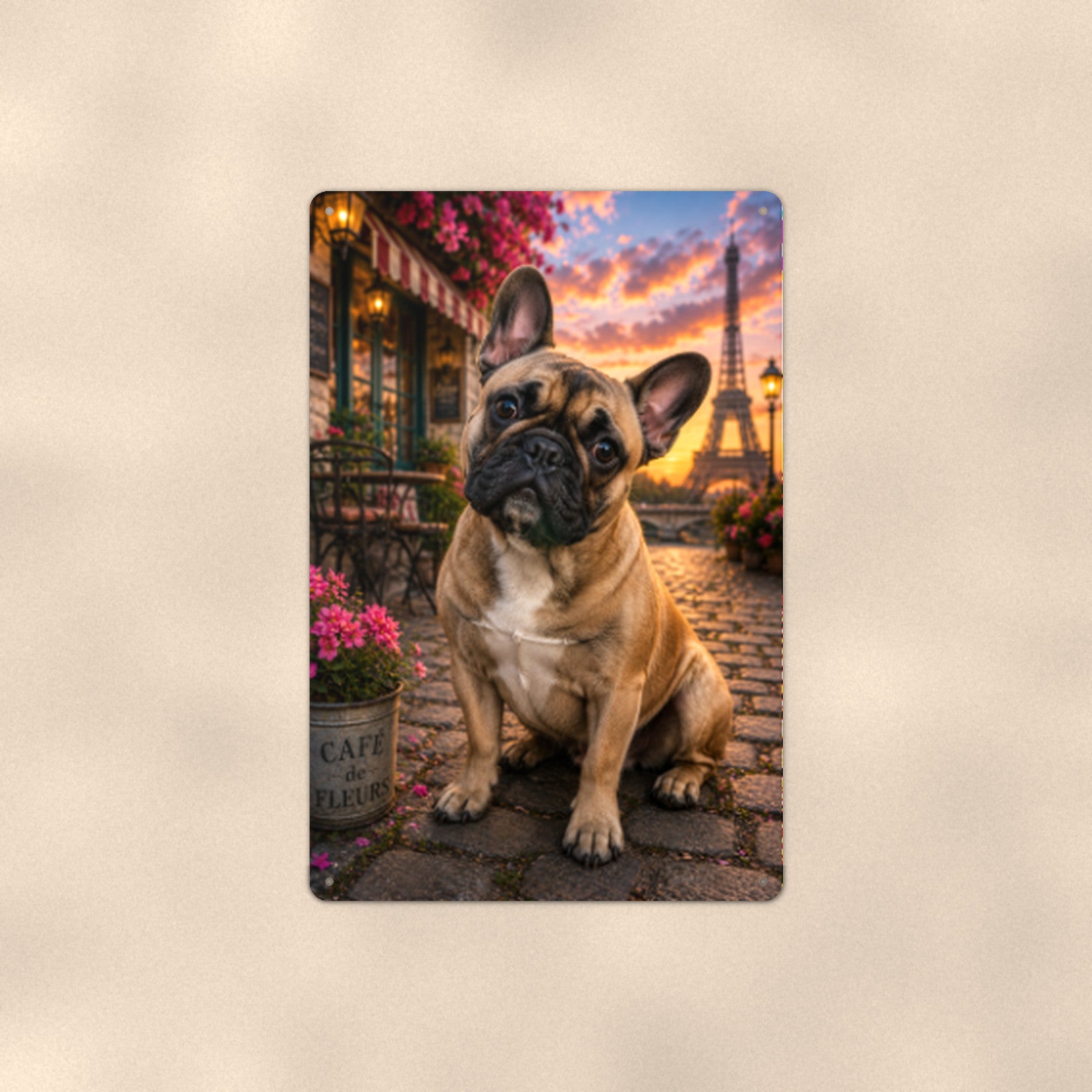 French Bulldog in Paris aluminum metal sign 8" x 12" - front view on warm wall
