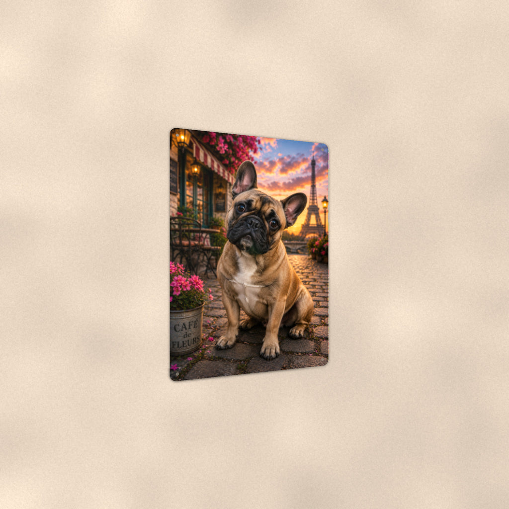 French Bulldog in Paris aluminum metal sign 8" x 12" - angled view showing glossy finish