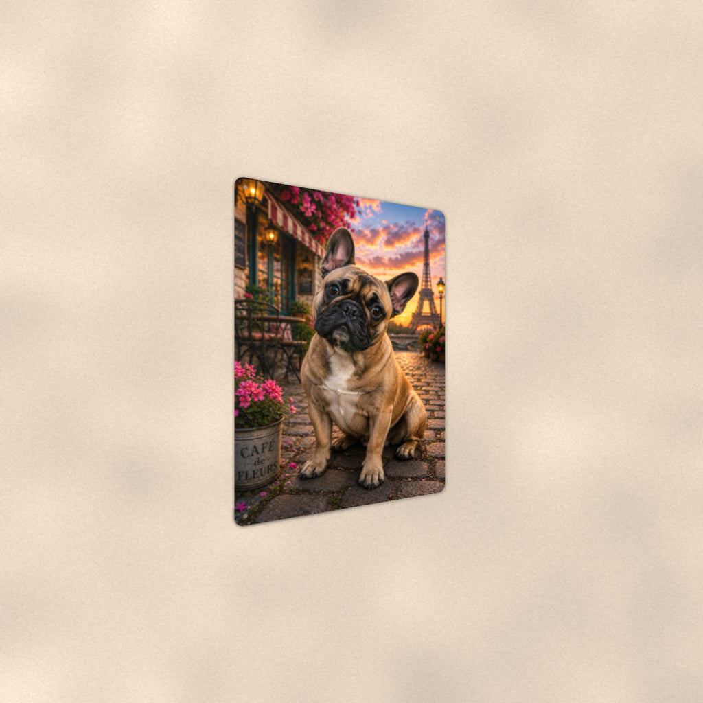 French Bulldog in Paris aluminum metal sign 8" x 12" - angled wall view from a wider angle