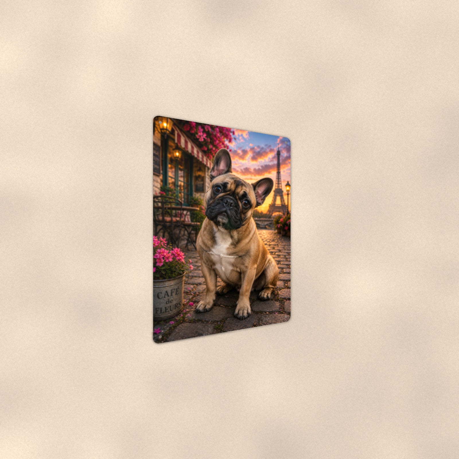 French Bulldog in Paris aluminum metal sign 8" x 12" - angled wall view from a wider angle