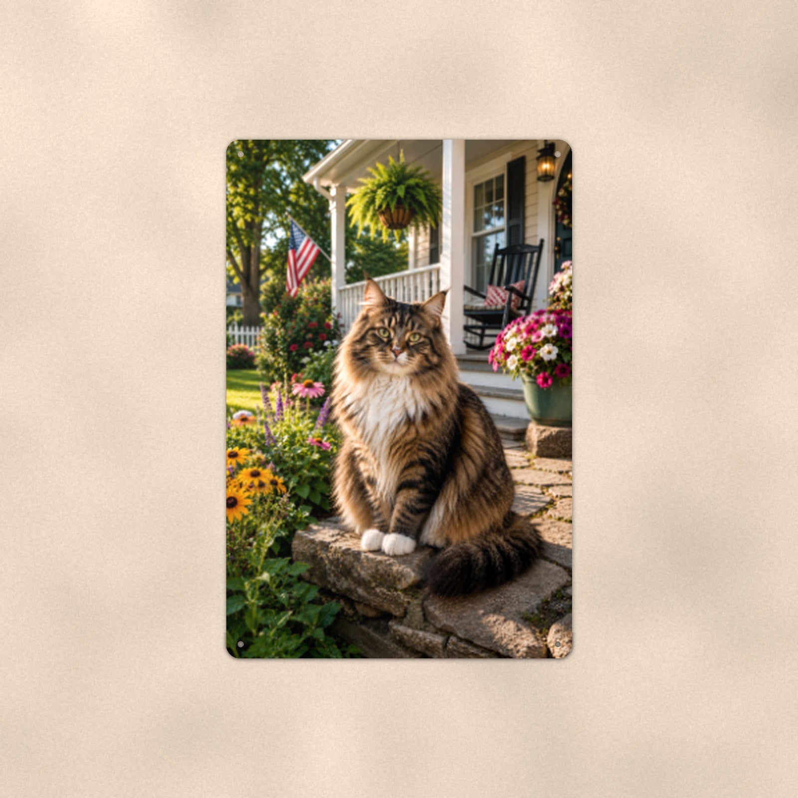 Tabby on the Porch Rail aluminum metal sign 8" x 12" - front view on warm wall