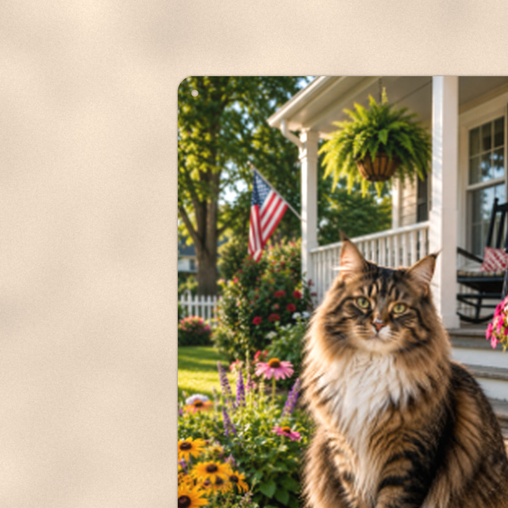 Tabby on the Porch Rail aluminum metal sign 8" x 12" - close-up view of the printed artwork