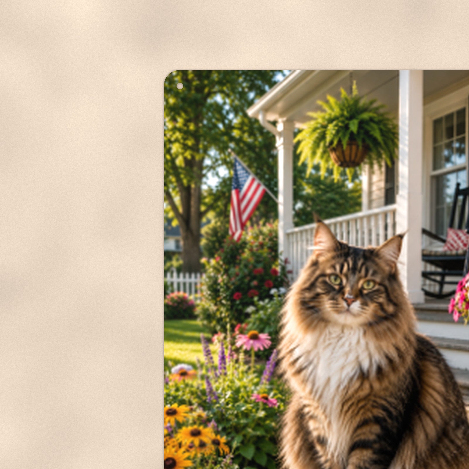 Tabby on the Porch Rail aluminum metal sign 8" x 12" - close-up view of the printed artwork