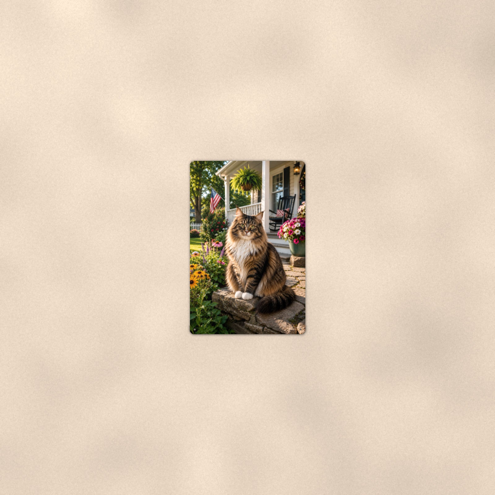 Tabby on the Porch Rail aluminum metal sign 8" x 12" - room view on warm wall