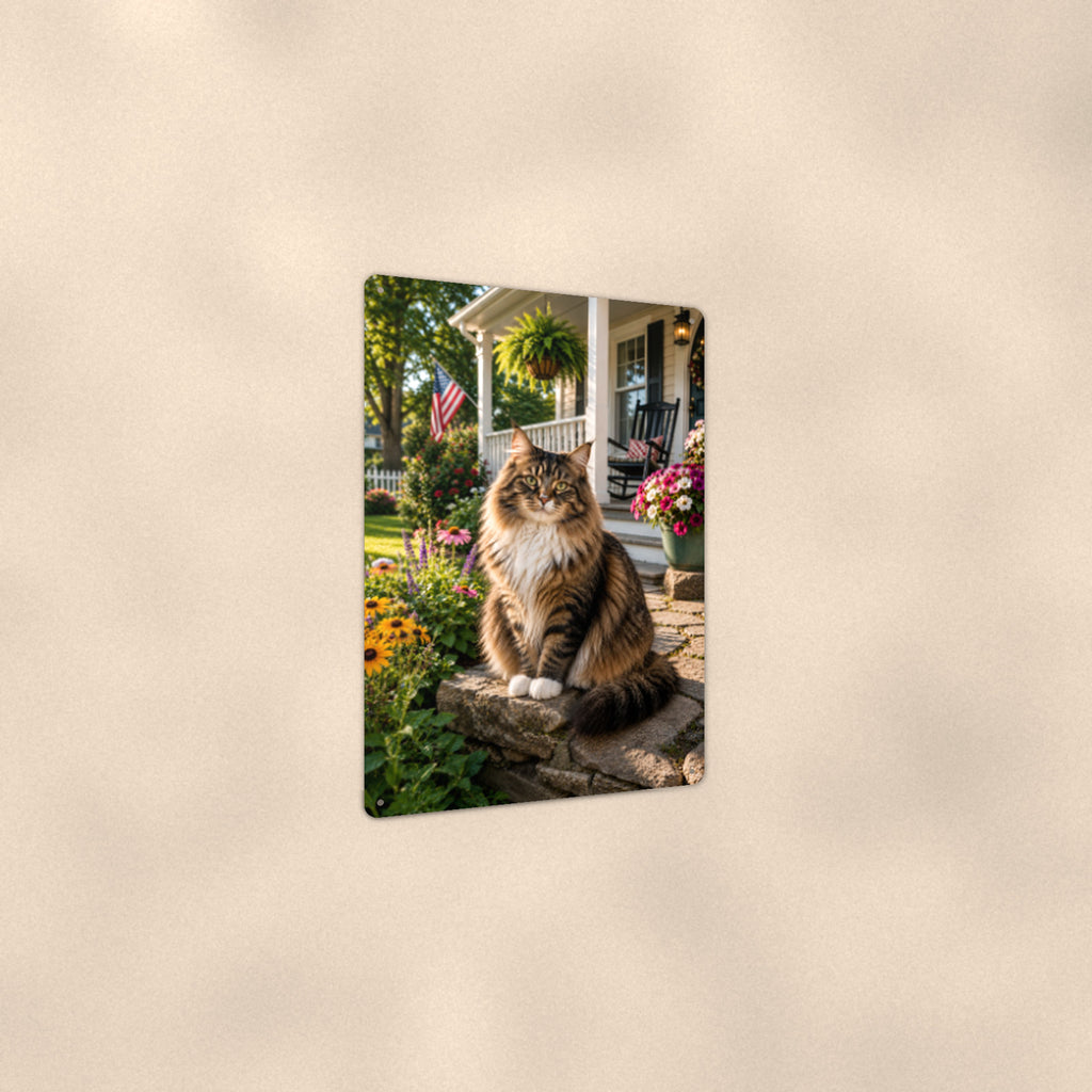 Tabby on the Porch Rail aluminum metal sign 8" x 12" - angled view showing glossy finish