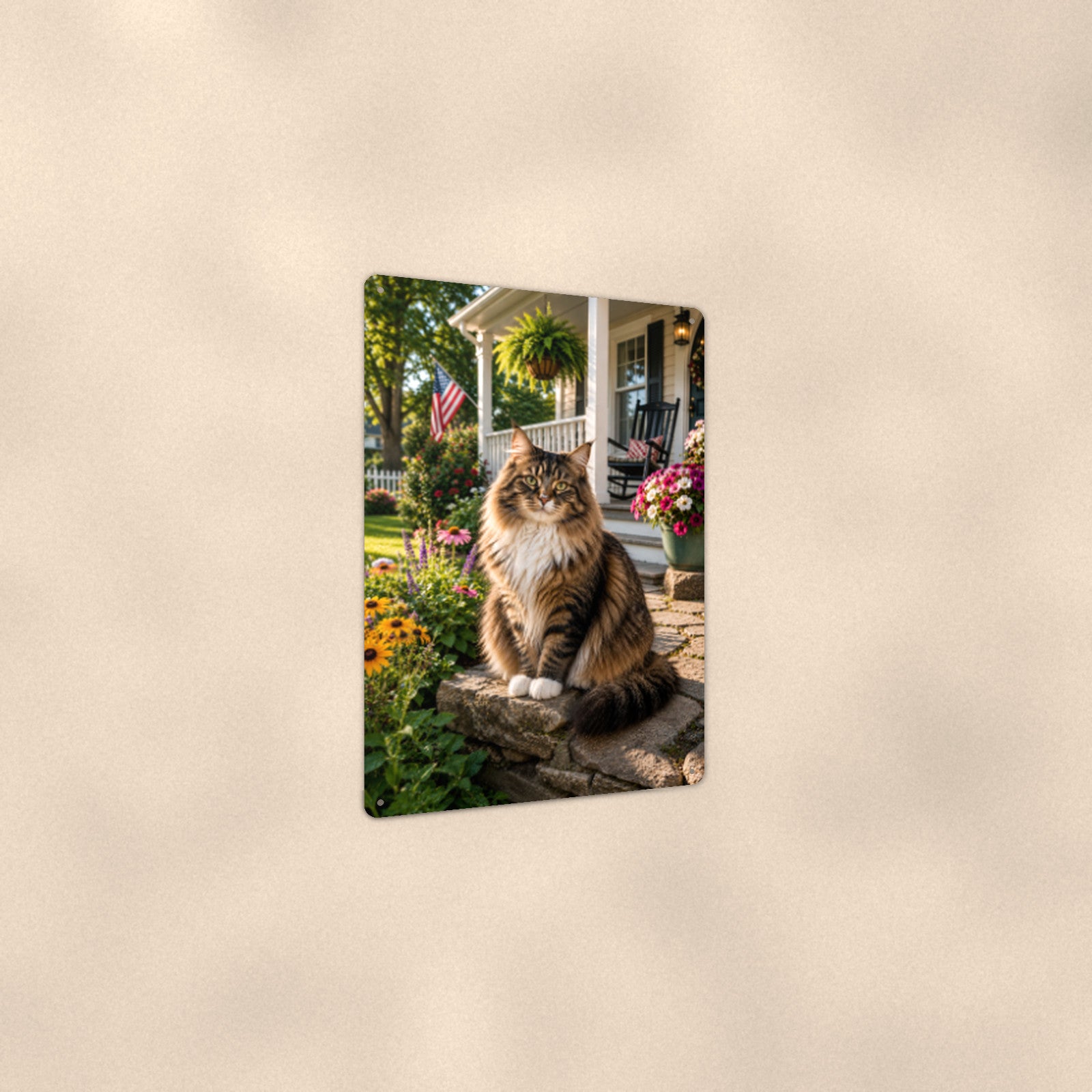 Tabby on the Porch Rail aluminum metal sign 8" x 12" - angled view showing glossy finish