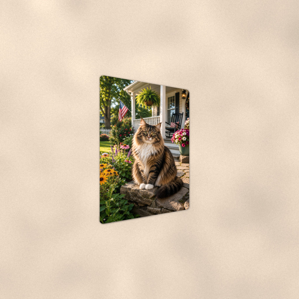 Tabby on the Porch Rail aluminum metal sign 8" x 12" - angled wall view from a wider angle