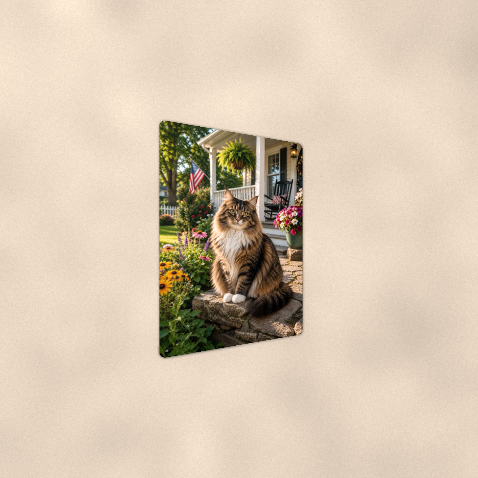 Tabby on the Porch Rail aluminum metal sign 8" x 12" - angled wall view from a wider angle