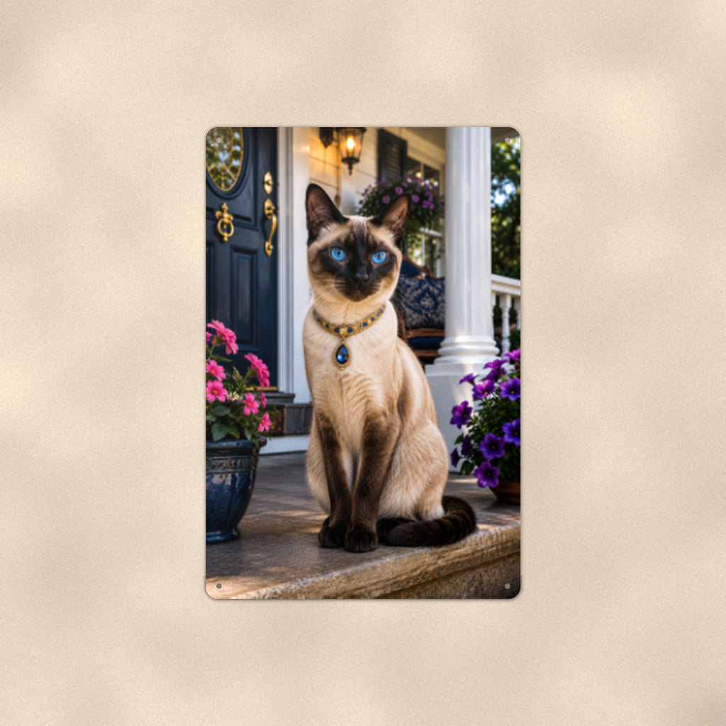 Siamese on the Front Porch aluminum metal sign 8" x 12" - front view on warm wall