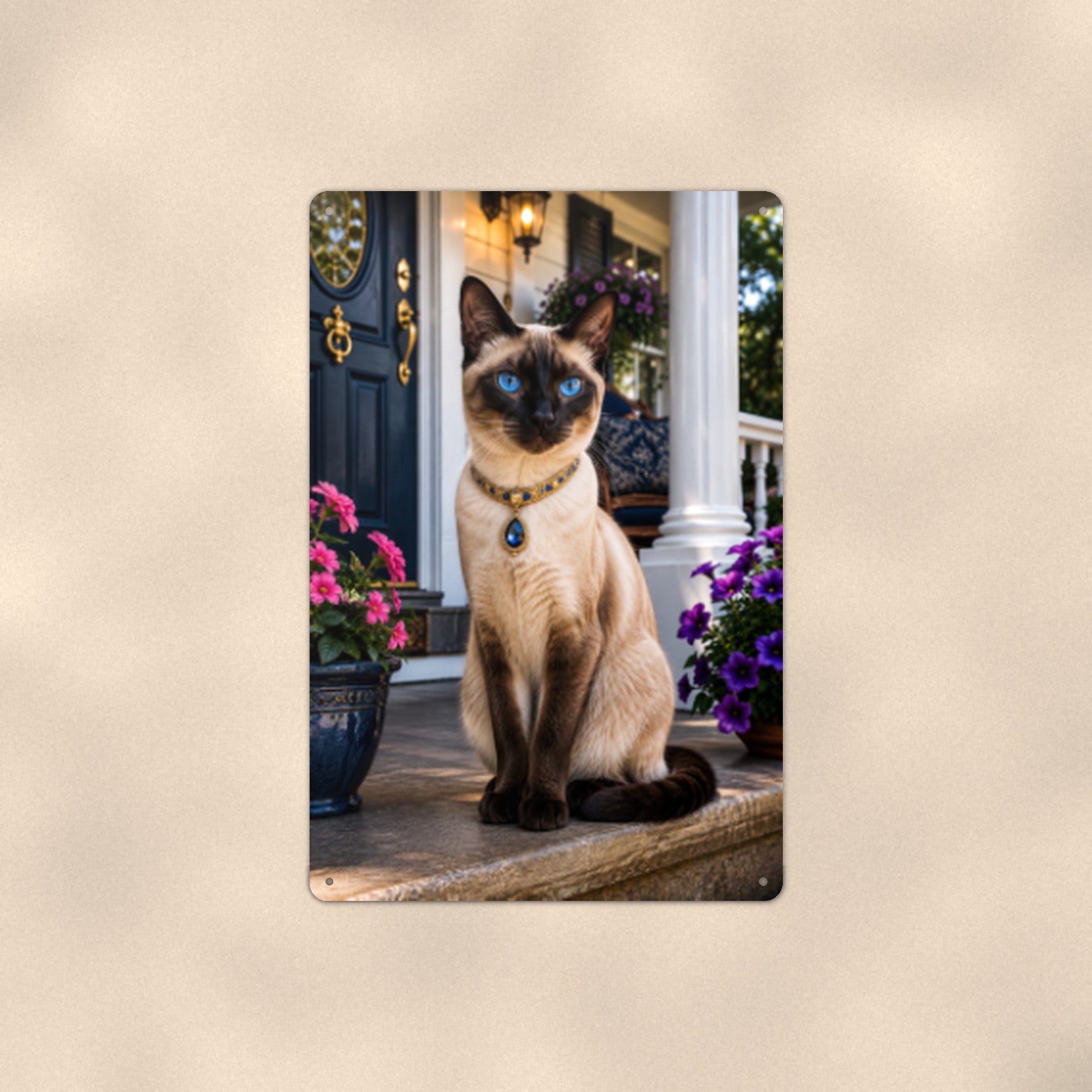 Siamese on the Front Porch aluminum metal sign 8" x 12" - front view on warm wall