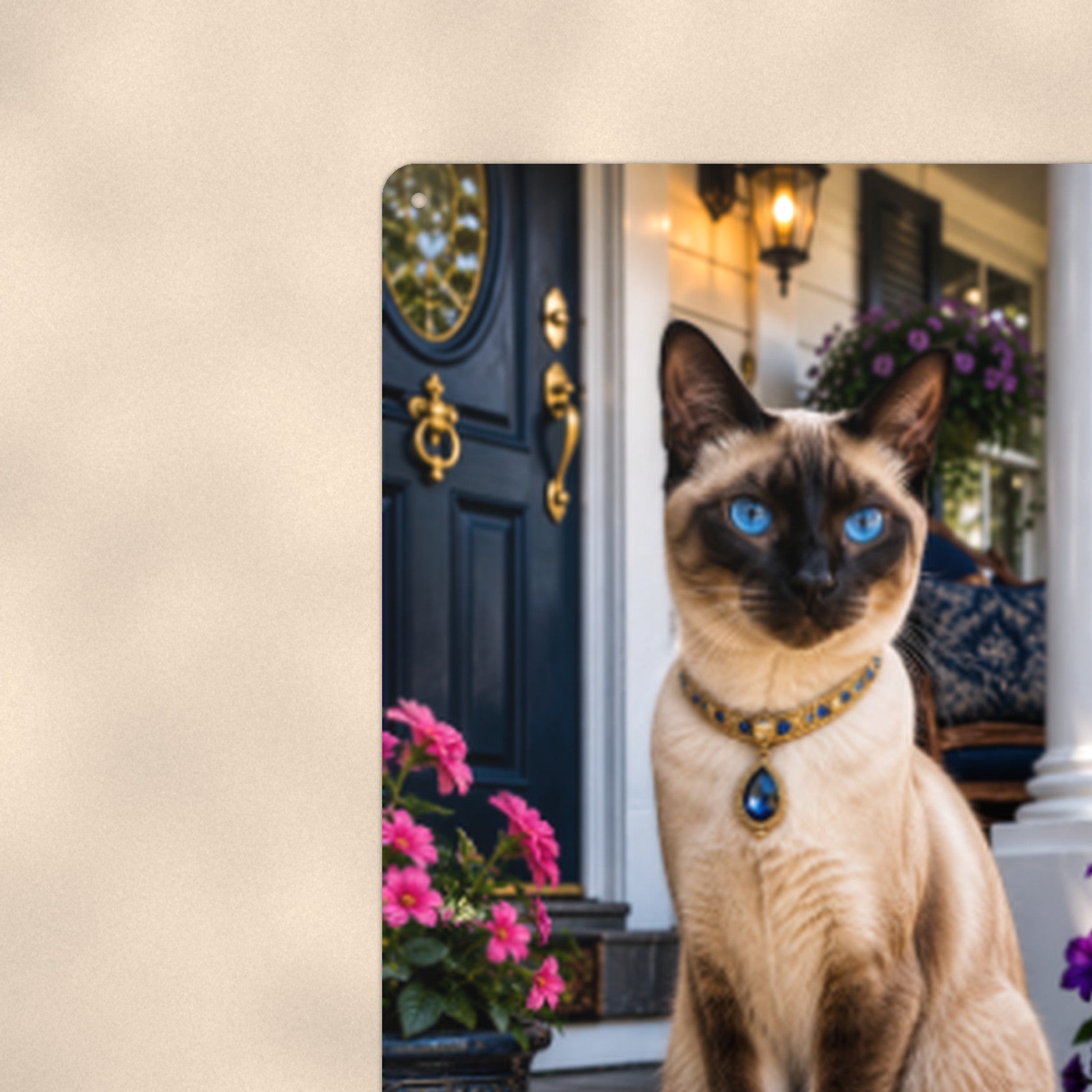 Siamese on the Front Porch aluminum metal sign 8" x 12" - close-up view of the printed artwork