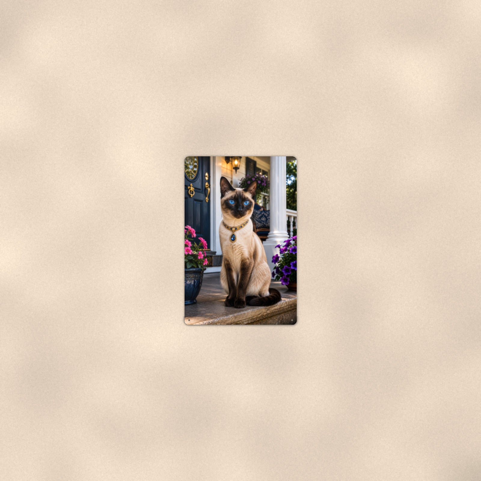 Siamese on the Front Porch aluminum metal sign 8" x 12" - room view on warm wall