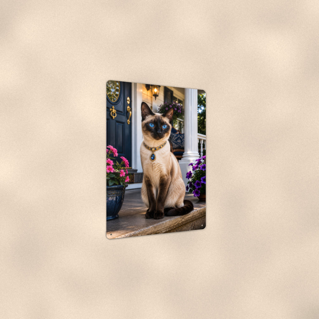 Siamese on the Front Porch aluminum metal sign 8" x 12" - angled view showing glossy finish