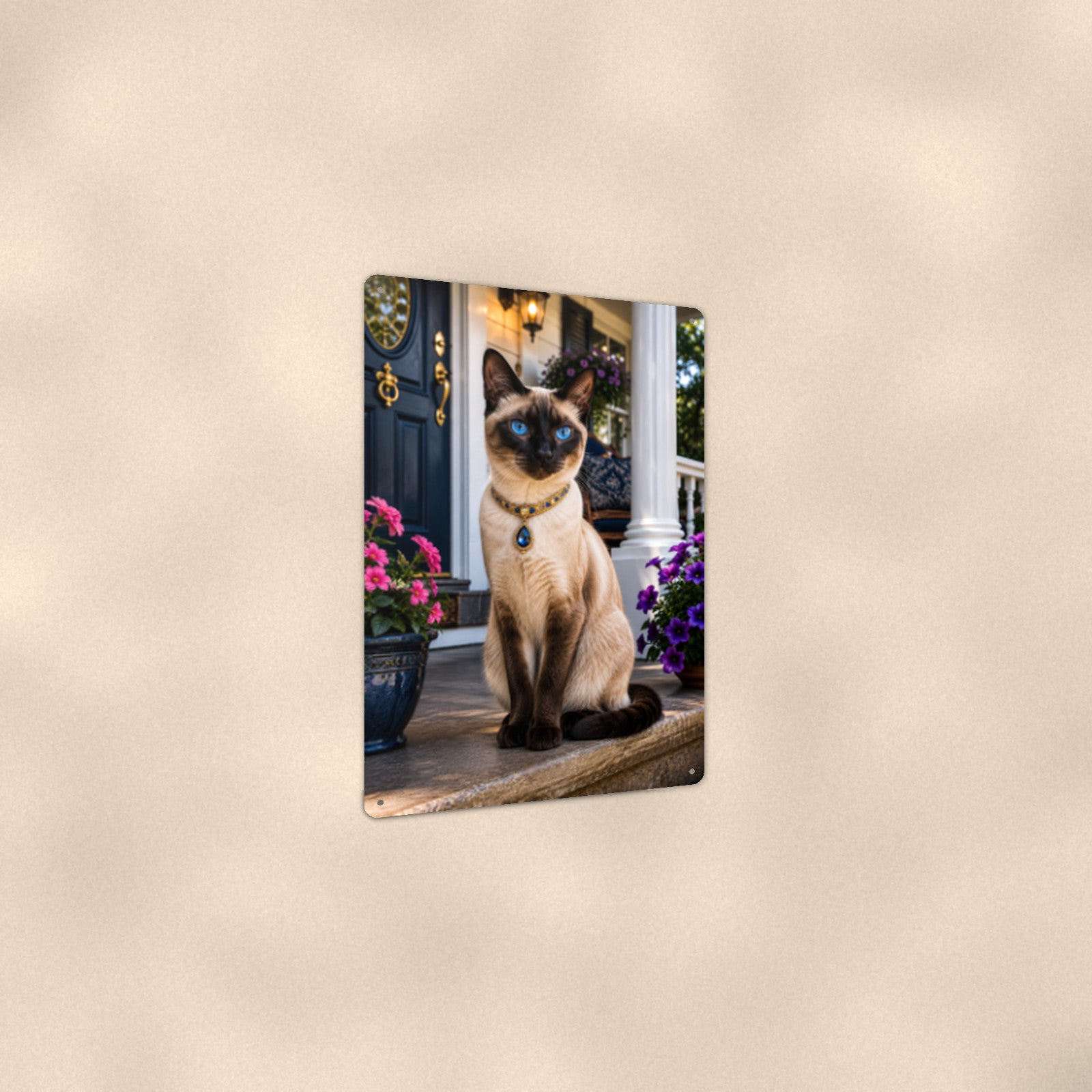 Siamese on the Front Porch aluminum metal sign 8" x 12" - angled view showing glossy finish